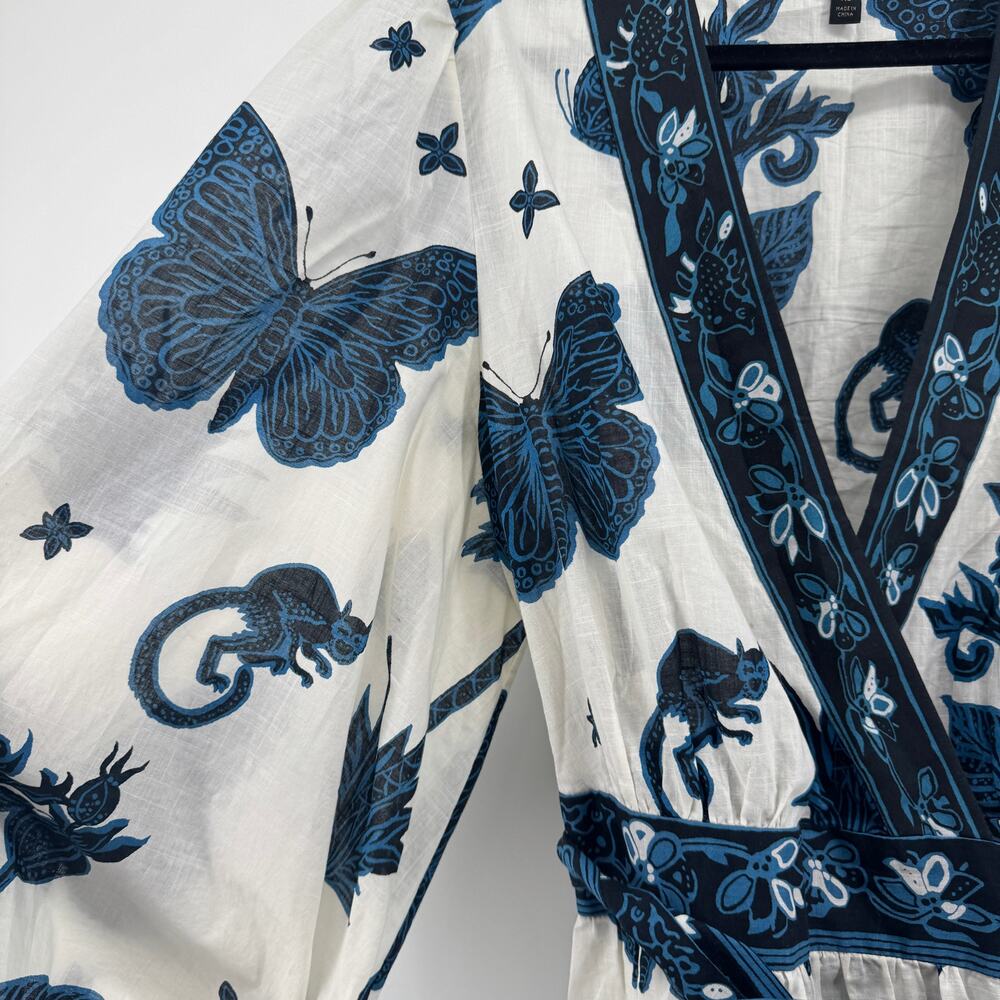 Banana Republic Balloon-Sleeve Wrap Floral Size XL Butterflies Cotton Blue - Picture 4 of 7